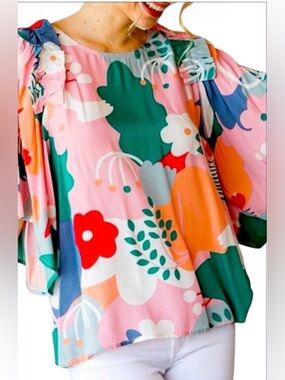 JODIFL Abstract Flower Birds Blouse Bell Short Sleeves Ruffles Boxy Small